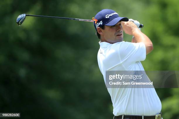 Johnson Wagner hits off the fourth tee during the third round of the Quicken Loans National at TPC Potomac on June 30, 2018 in Potomac, Maryland.