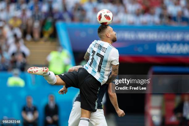 Nicolas Otamendi of Argentina in action during the 2018 FIFA World Cup Russia Round of 16 match between France and Argentina at Kazan Arena on June...