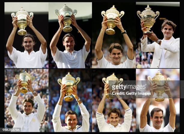 In this composite image , Roger Federer holds up the trophy for each of his eight singles Wimbledon titles from clockwise top left the first...