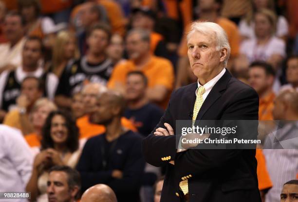 Head coach Gregg Popovich of the San Antonio Spurs reacts during Game One of the Western Conference Semifinals of the 2010 NBA Playoffs against the...