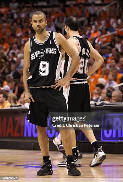 Tony Parker of the San Antonio Spurs reacts after a missed three point attempt during Game One of the Western Conference Semifinals of the 2010 NBA...