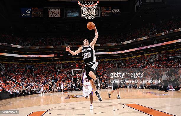 Manu Ginobili of the San Antonio Spurs dunks against the Phoenix Suns in Game One of the Western Conference Semifinals during the 2010 NBA Playoffs...