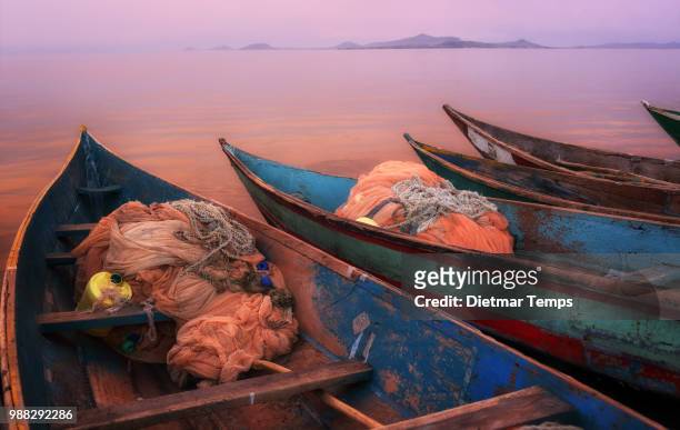 fishing boats on lake victoria, kenya - dietmar temps stock-fotos und bilder