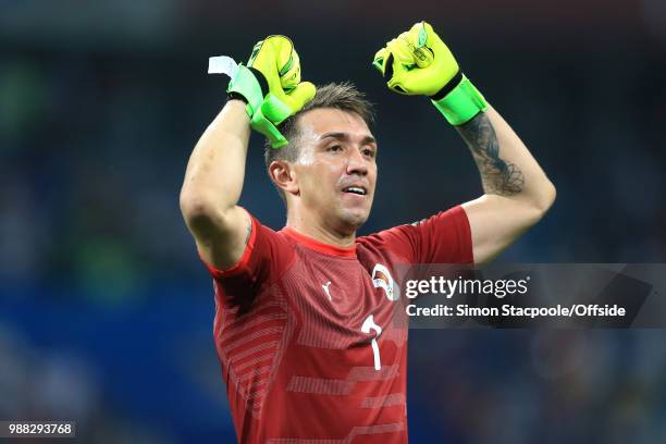 Uruguay goalkeeper Fernando Muslera celebrates their 2-1 victory and advancement to the quarter-finals during the 2018 FIFA World Cup Russia Round of...