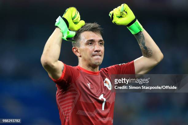 Uruguay goalkeeper Fernando Muslera celebrates their 2-1 victory and advancement to the quarter-finals during the 2018 FIFA World Cup Russia Round of...