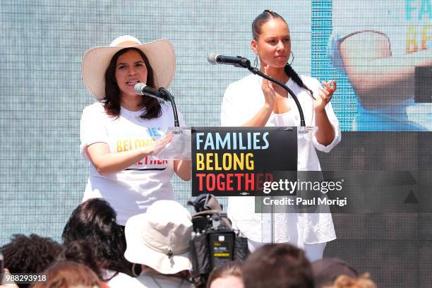 Artists America Ferrera and Alicia Keys read from affidavits from families that have been separated from their children during a rally with MoveOn,...