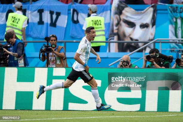 Angel Di Maria of Argentina celebrates scoring a goal during the 2018 FIFA World Cup Russia Round of 16 match between France and Argentina at Kazan...