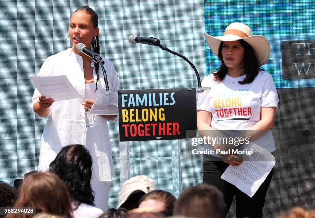 Artists Alicia Keys and America Ferrera read from affidavits from families that have been separated from their children during a rally with MoveOn,...