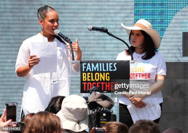Artists Alicia Keys and America Ferrera read from affidavits from families that have been separated from their children during a rally with MoveOn,...