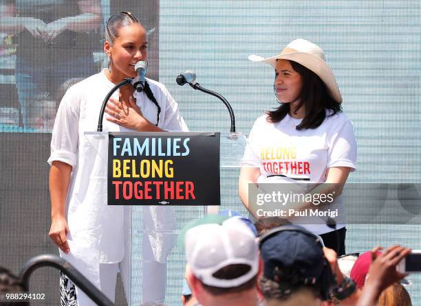 Artists Alicia Keys and America Ferrera read from affidavits from families that have been separated from their children during a rally with MoveOn,...