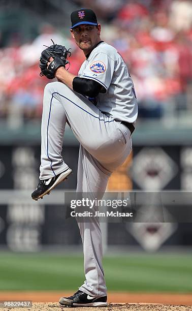 Mike Pelfrey of the New York Mets delivers a pitch against the Philadelphia Phillies at Citizens Bank Park on May 1, 2010 in Philadelphia,...