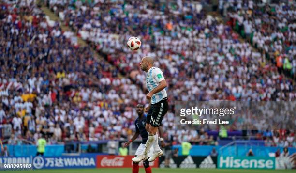 Javier Mascherano of Argentina in action during the 2018 FIFA World Cup Russia Round of 16 match between France and Argentina at Kazan Arena on June...