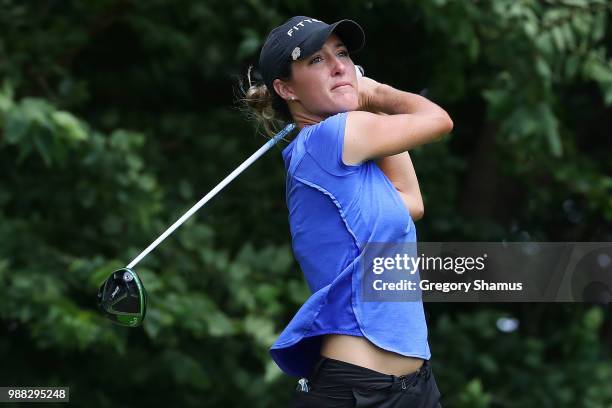 Jaye Marie Green watches her drive on the fourth hole during the final round of the 2018 KPMG PGA Championship at Kemper Lakes Golf Club on June 30,...