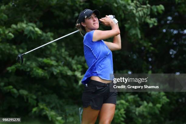 Jaye Marie Green watches her drive on the fourth hole during the final round of the 2018 KPMG PGA Championship at Kemper Lakes Golf Club on June 30,...