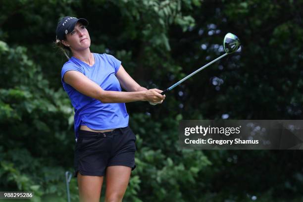 Jaye Marie Green watches her drive on the fourth hole during the final round of the 2018 KPMG PGA Championship at Kemper Lakes Golf Club on June 30,...