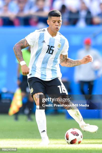 Marcos Rojo of Argentina passes the ball during the 2018 FIFA World Cup Russia Round of 16 match between France and Argentina at Kazan Arena on June...