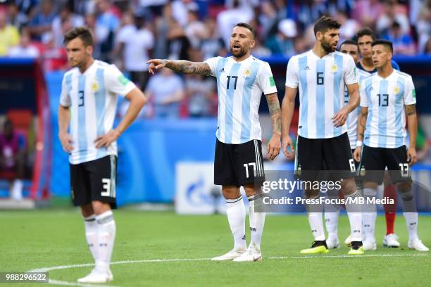 Nicolas Otamendi of Argentina reacts during the 2018 FIFA World Cup Russia Round of 16 match between France and Argentina at Kazan Arena on June 30,...