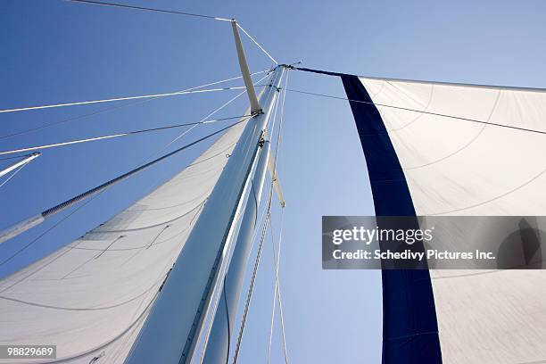 mast with main sail and jib against blue sky - jib stockfoto's en -beelden