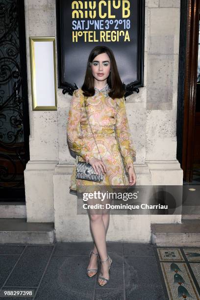 Lily Collins attends Miu Miu 2019 Cruise Collection Show at Hotel Regina on June 30, 2018 in Paris, France.