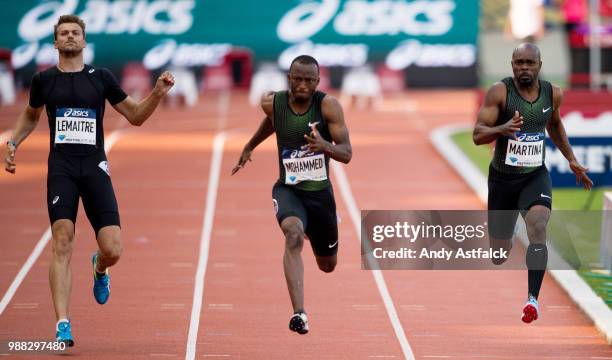 Christophe Lemaitre from France stops running due to an injury, Abdullah Abkar Mohammed from Saudi Arabia, and Churandy Martina from the Netherlands...