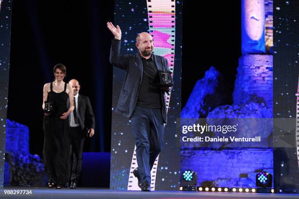 Riccardo Milani, Paola Cortellesi and Antonio Albanese are awarded during the Nastri D'Argento Award Ceremony on June 30, 2018 in Taormina, Italy.