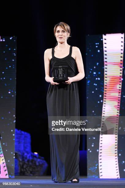 Paola Cortellesi is awarded during the Nastri D'Argento Award Ceremony on June 30, 2018 in Taormina, Italy.