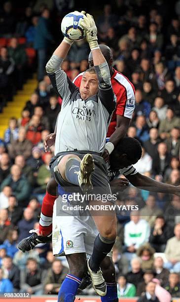 Blackburn Rovers' English goalkeeper Paul Robinson catches the ball during the English Premier league football match against Arsenal at Ewood Park,...