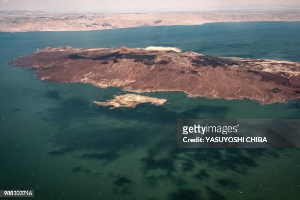 An aerial image taken on June 30, 2018 shows a part of Turkana South Island in Lake Turkana, the world's largest desert lake, in northern Kenya. - A...