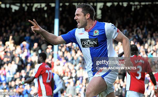 Blackburn Rovers' English midfielder David Dunn celebrates after scoring during the English Premier league football match against Arsenal at Ewood...