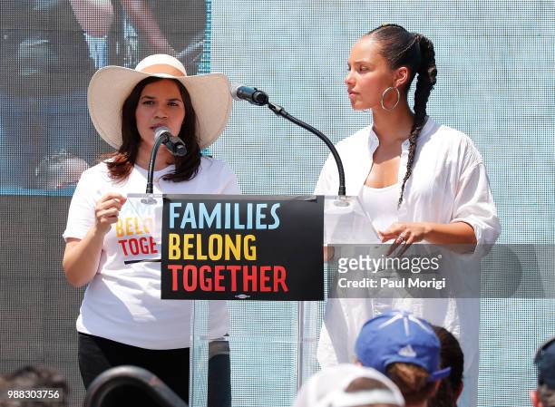 Artists America Ferrera and Alicia Keys read from affidavits from families that have been separated from their children during a rally with MoveOn,...