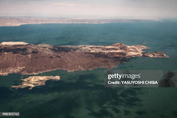 An aerial image taken on June 30, 2018 shows a part of Turkana South Island in Lake Turkana, the world's largest desert lake, in northern Kenya. - A...