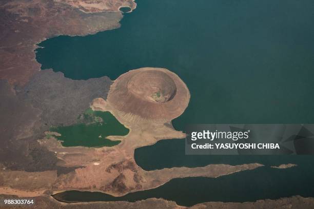 An aerial image taken on June 30, 2018 shows a part of Nabiyotum Crater in Lake Turkana, the world's largest desert lake, in northern Kenya. - A...
