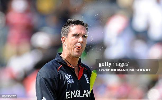 England cricketer Kevin Pietersen reacts while walking back after getting out to Darren Sammy of west Indies during their ICC World Twenty20 2010...