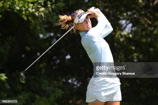 Jessica Korda watches her drive on the fourth hole during the final round of the 2018 KPMG PGA Championship at Kemper Lakes Golf Club on June 30,...