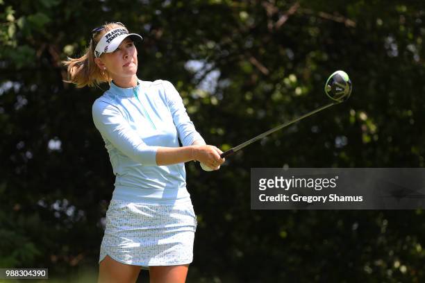 Jessica Korda watches her drive on the fourth hole during the final round of the 2018 KPMG PGA Championship at Kemper Lakes Golf Club on June 30,...