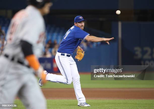 Joe Biagini of the Toronto Blue Jays throws out Victor Martinez of the Detroit Tigers after fielding a grounder in the eighth inning during MLB game...