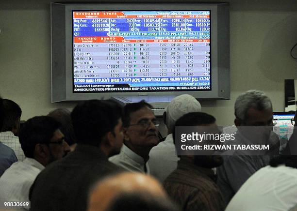 Board is seen as Pakistani stock dealers work at a brokerage house during a trading session in Karachi on May 4, 2010. The benchmark Karachi Stock...