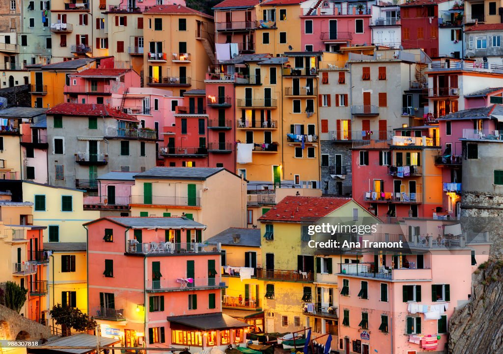 Brightly coloured architecture in Manarola, Liguria, Italy.