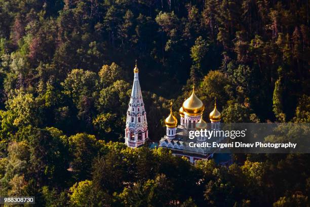 upper thracian plain, bulgaria - august 2012: aerial view of russian temple shipka - evgeni dinev stock pictures, royalty-free photos & images