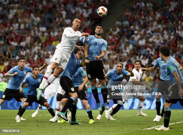 Cristiano Ronaldo of Portugal and Luis Surez of Uruguay during the 2018 FIFA World Cup Russia Round of 16 match between Uruguay and Portugal at...