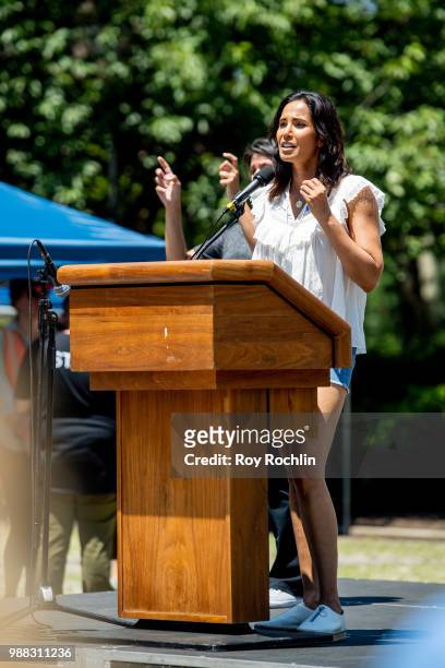Padma Lakshmi on stage during the Families Belong Together Rally and March in New York City on June 30, 2018 in New York City.