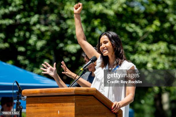 Padma Lakshmi on stage during the Families Belong Together Rally and March in New York City on June 30, 2018 in New York City.