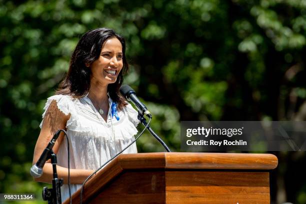 Padma Lakshmi on stage during the Families Belong Together Rally and March in New York City on June 30, 2018 in New York City.