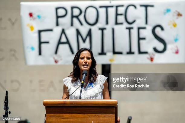 Padma Lakshmi on stage during the Families Belong Together Rally and March in New York City on June 30, 2018 in New York City.