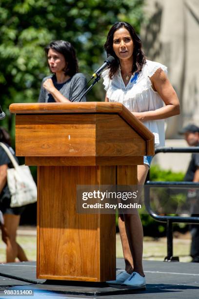 Padma Lakshmi on stage during the Families Belong Together Rally and March in New York City on June 30, 2018 in New York City.