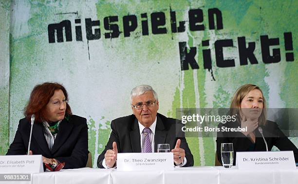 Theo Zwanziger , president of German football association , German family minister Kristina Schroeder and Elisabeth Pott , director of the federal...