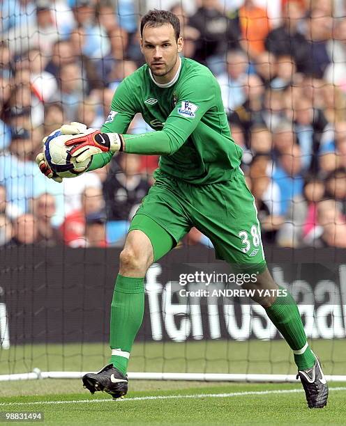 Manchester City's on-loan Hungarian goalkeeper Marton Fulop in action during the English Premier League football match between Manchester City and...