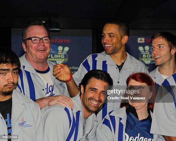 Tom Arnold, Gilles Marini, James Loney and Kate Flannery attends the Los Angeles Dodger State Farm DDF Bowling Extravaganza at Lucky Strike Lanes LA...