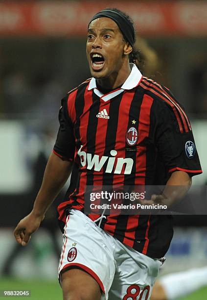 Ronaldinho of AC Milan celebrates his goal during the Serie A match between AC Milan and ACF Fiorentina at Stadio Giuseppe Meazza on May 1, 2010 in...