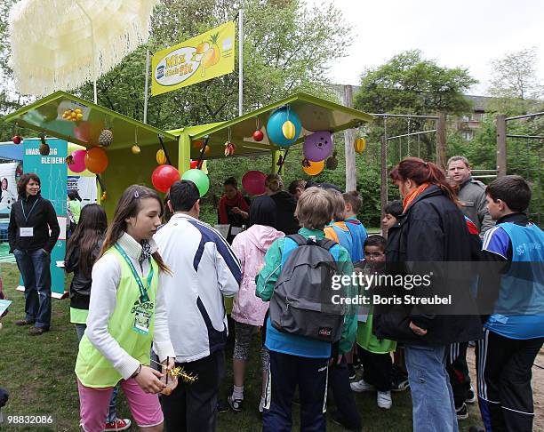 General view is taken on the day of action under the slogan 'Mitspielen kickt! Starke Kinder, Wahre Champions' at the...